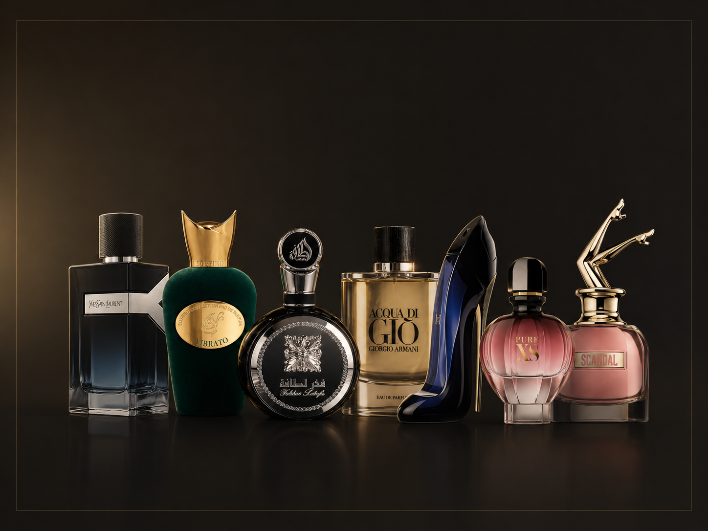 Seleção de perfumes premium JC em fundo escuro